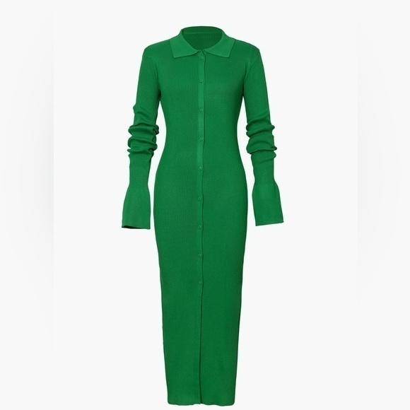 Micas Green Rib Knitted Collared Button Strips Flared Dress Size Large RefI027 - Picture 7 of 17